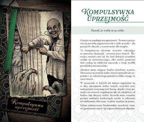 Karta z mężczyzną wskazującym kobietę za kotarą i opisem jego fobii